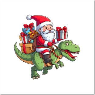 Santa Claus Riding T-REX Posters and Art